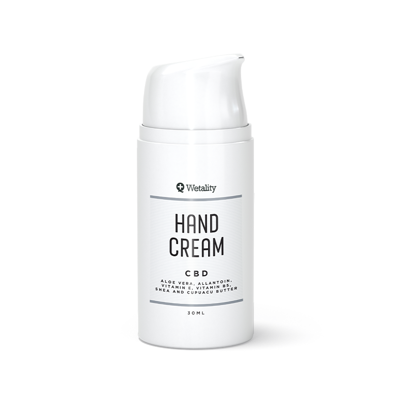 Wetality Hand Cream - 30 ml airless dispenser with CBD and cupuacu butter to moisturize, protect, and repair dry, chapped hands.