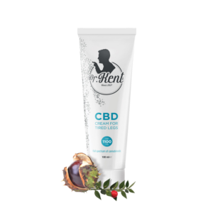 DR. Kent CBD Cream for Tired Legs - 100 ml tube with 1100 mg CBD, horse chestnut extract, and natural ingredients for relief and circulation.
